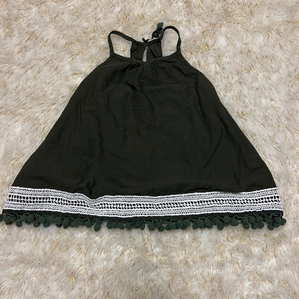 Green Dress, embroidered detail at the top and bottom. Small spot in back.